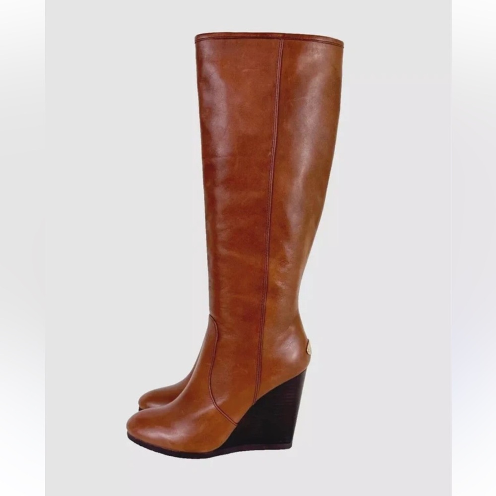 Coach Tan Leather Wedge Boots